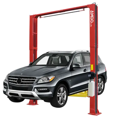 Red two-post lift with a silver SUV